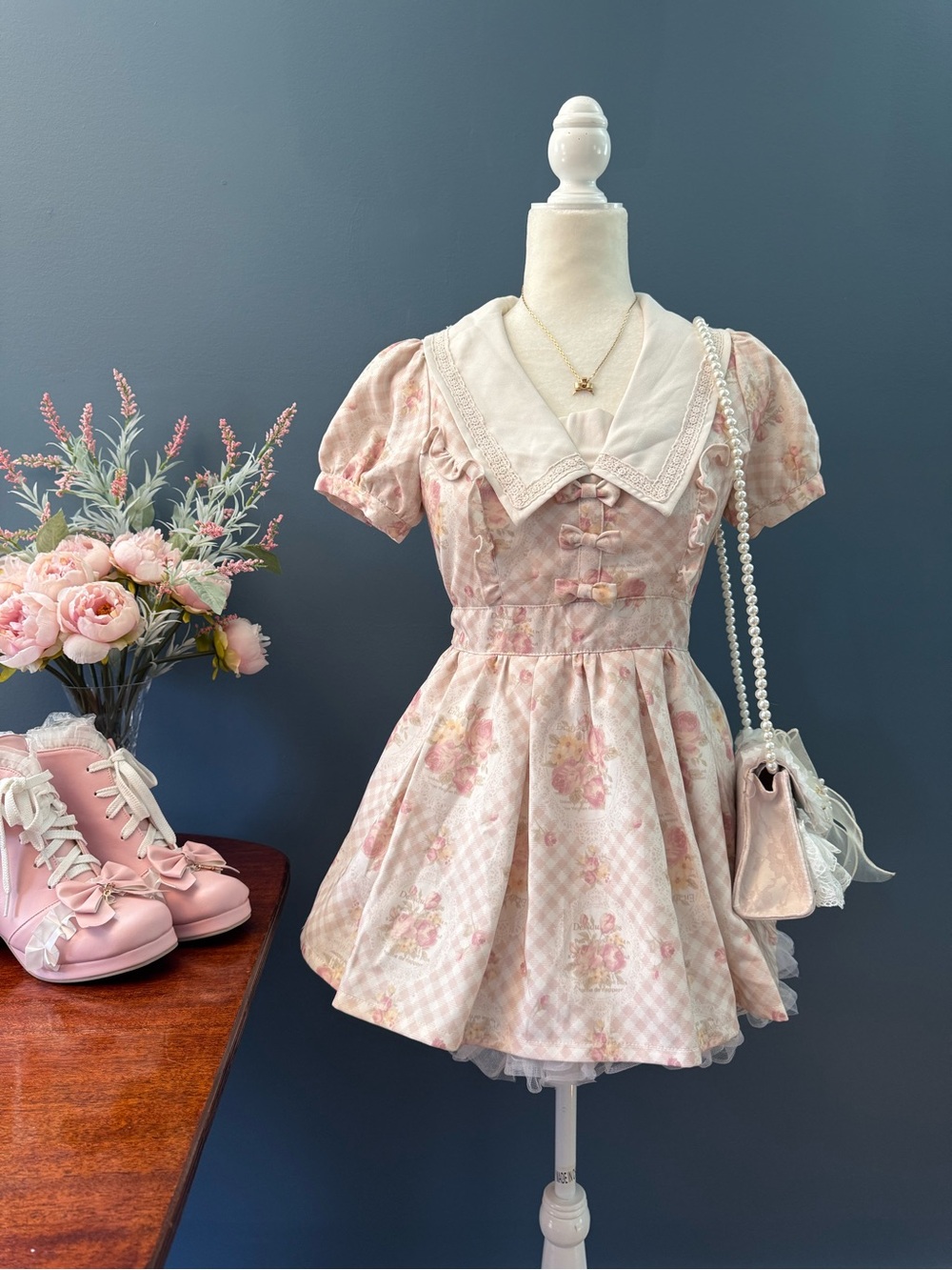 Liz Lisa Pink Floral Gingham Bow Sailor Collar Coquette Himekaji Mini Dress